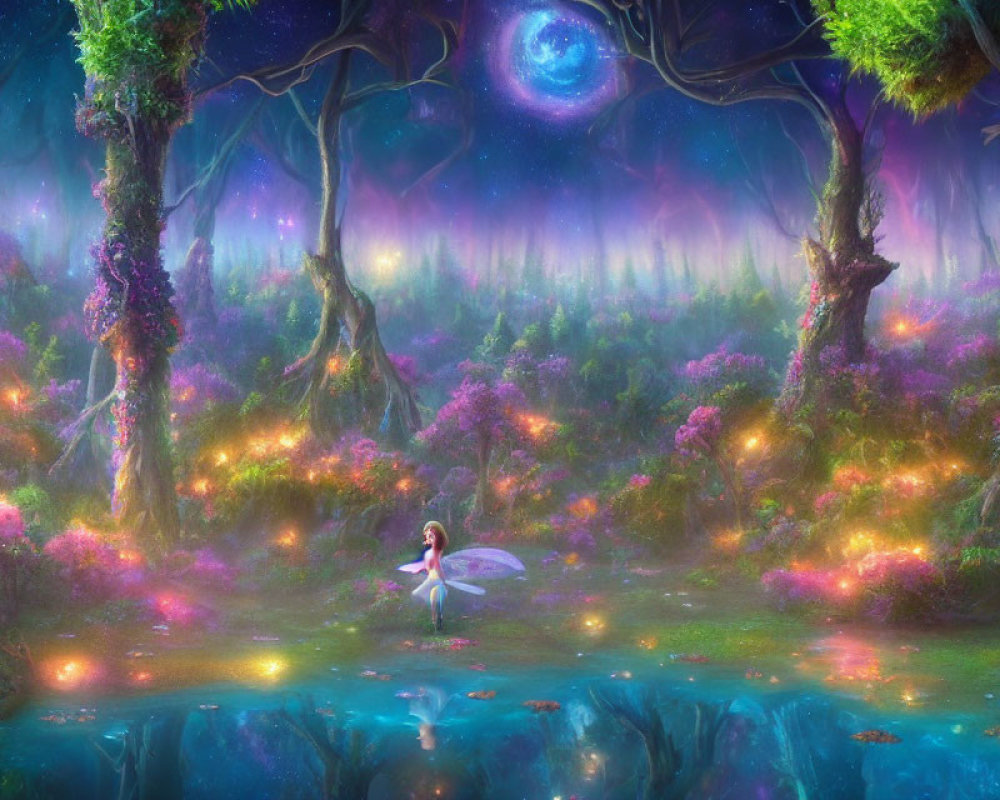 Delicate winged fairy in enchanting forest with glowing flowers and purple sky