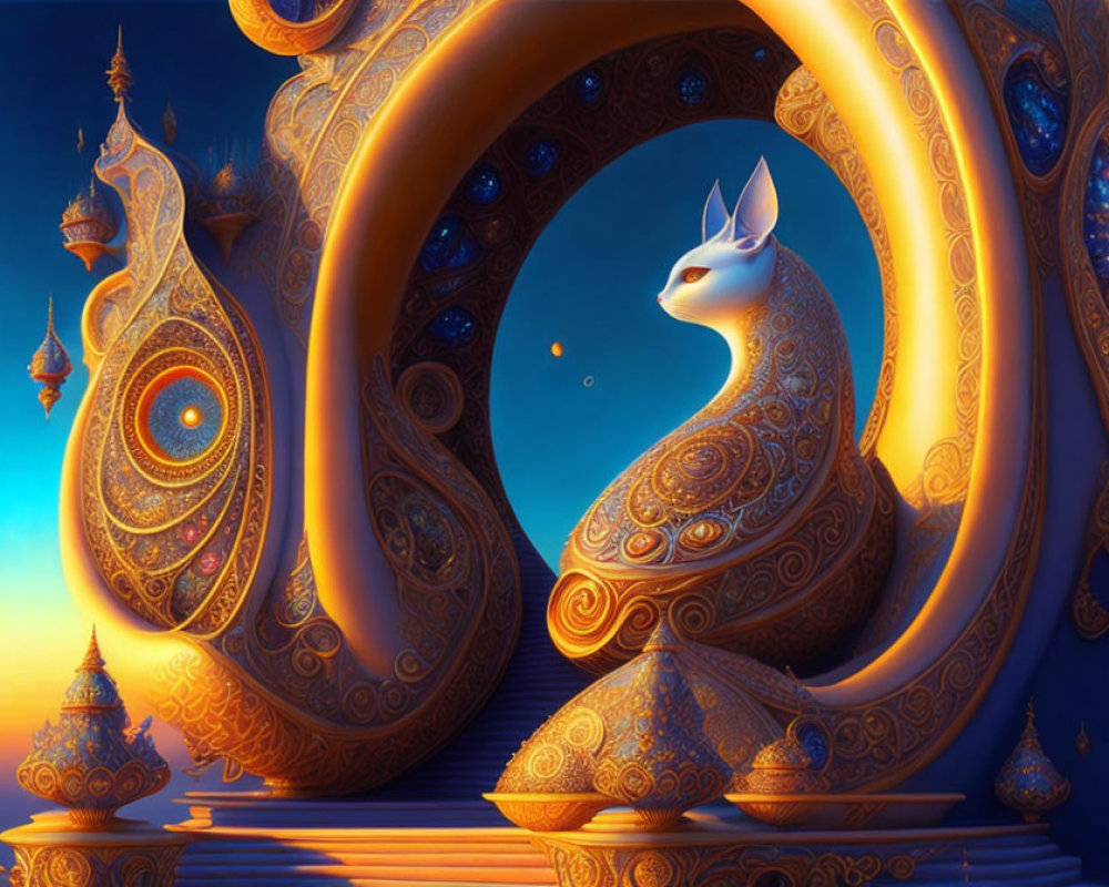 Golden peacock and white fox in surreal blue scene with ornate architecture.