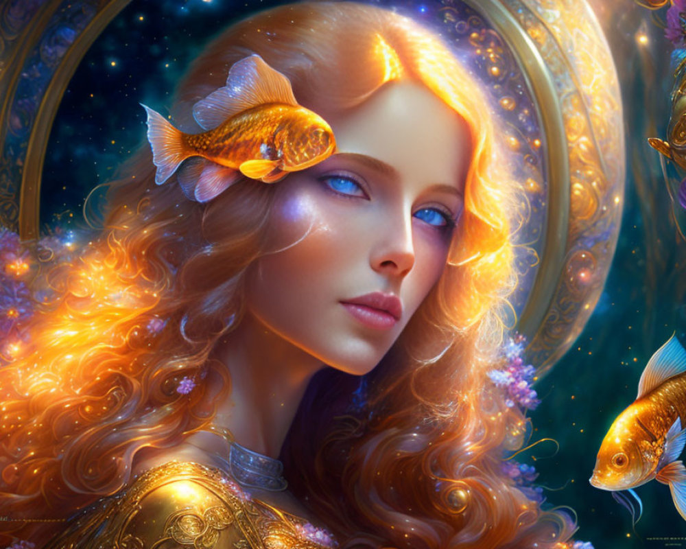 Fantastical image of woman with golden hair and blue eyes surrounded by illuminated goldfish and ethereal