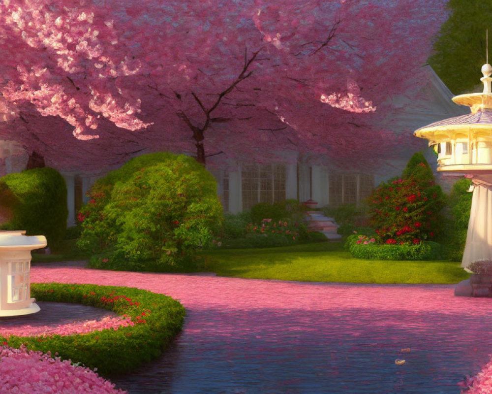 Tranquil garden with cherry blossoms, pink stream, fountains & white house