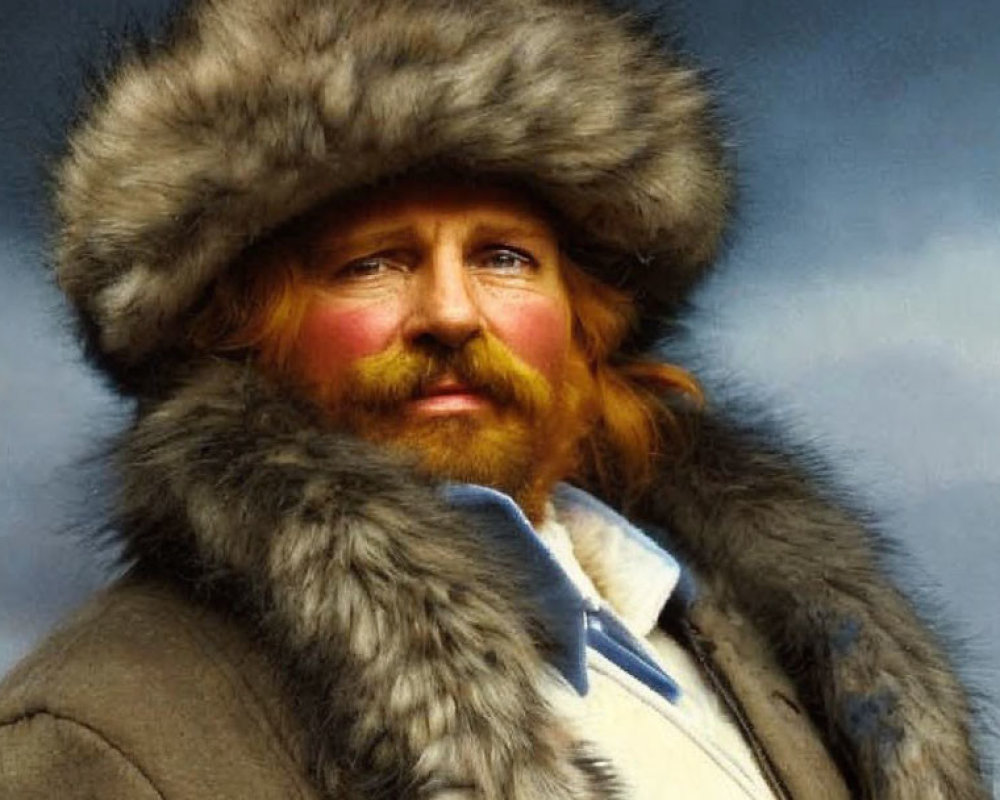 Portrait of person with ginger moustache in fur hat & coat against cloudy blue sky