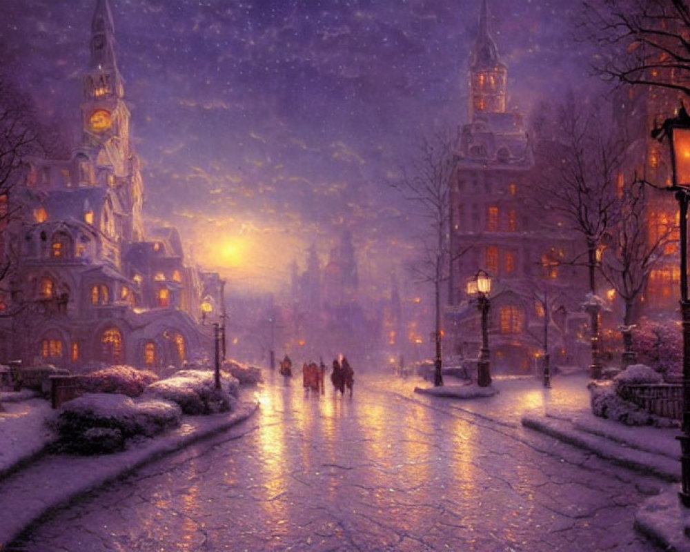 Snow-covered winter evening streets with warm streetlights and pedestrians.