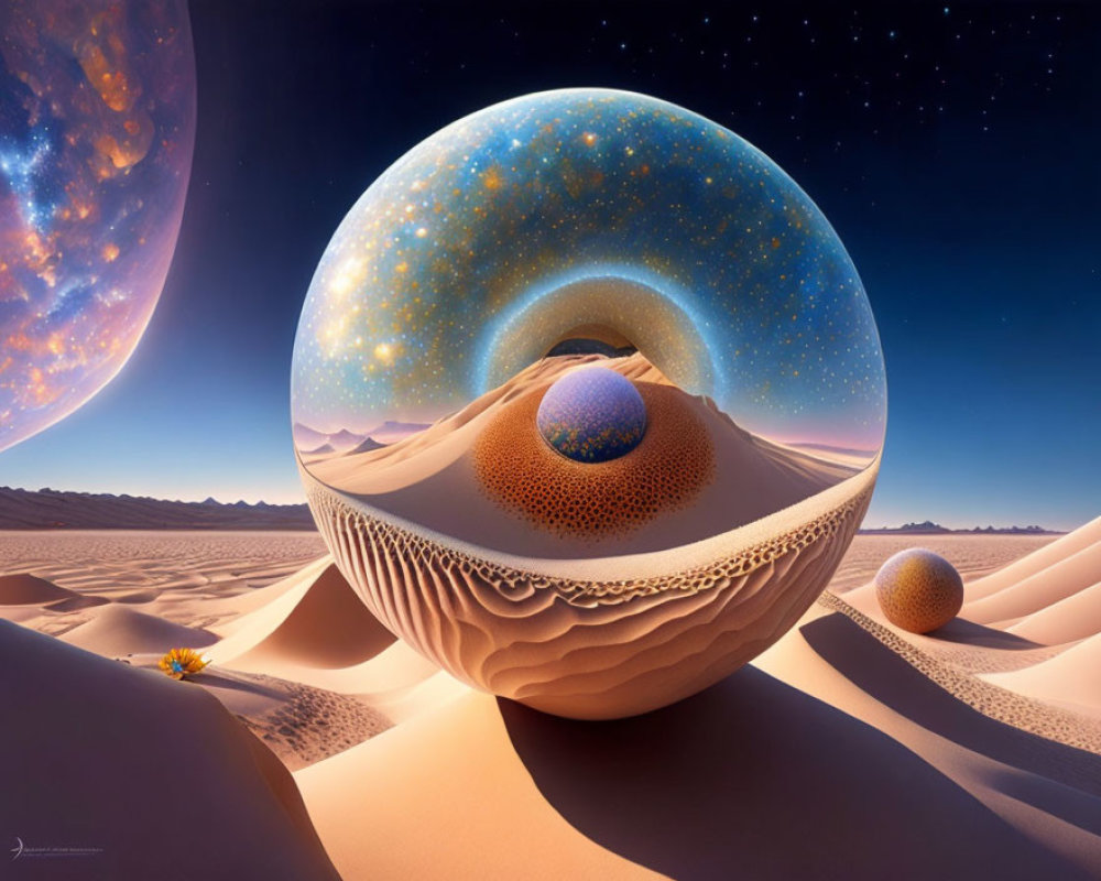 Surreal desert landscape with giant reflective spheres under starry sky