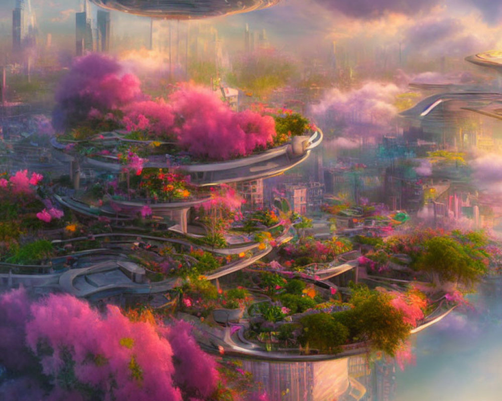 Futuristic cityscape with pink trees and spiraling roads