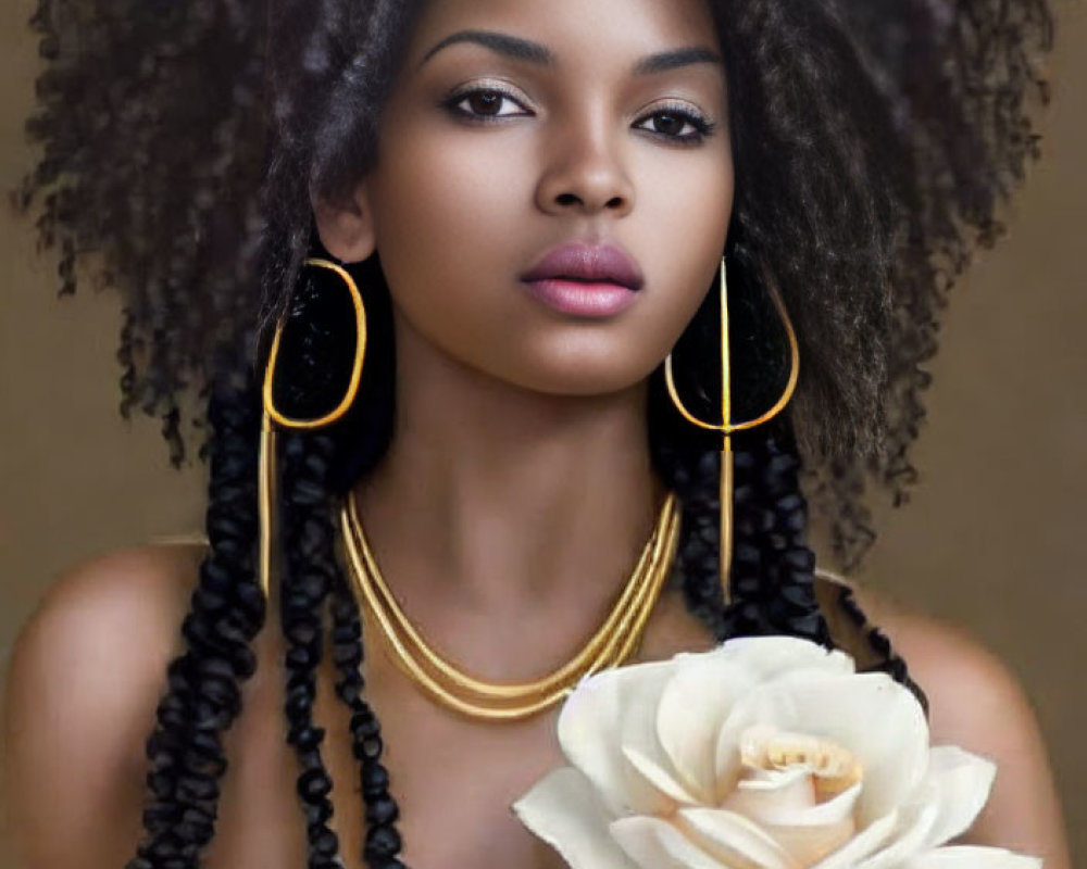 Curly-haired woman with gold jewelry holding a white rose