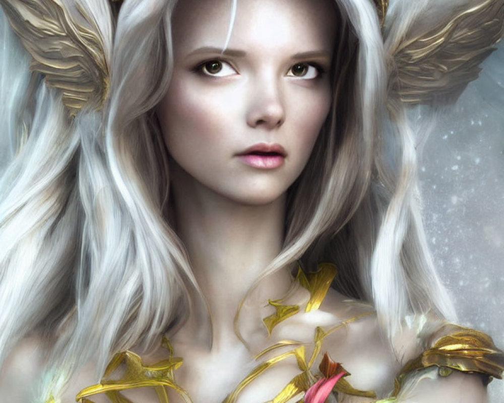 Fantasy character portrait with white hair, golden crown, and ethereal gaze