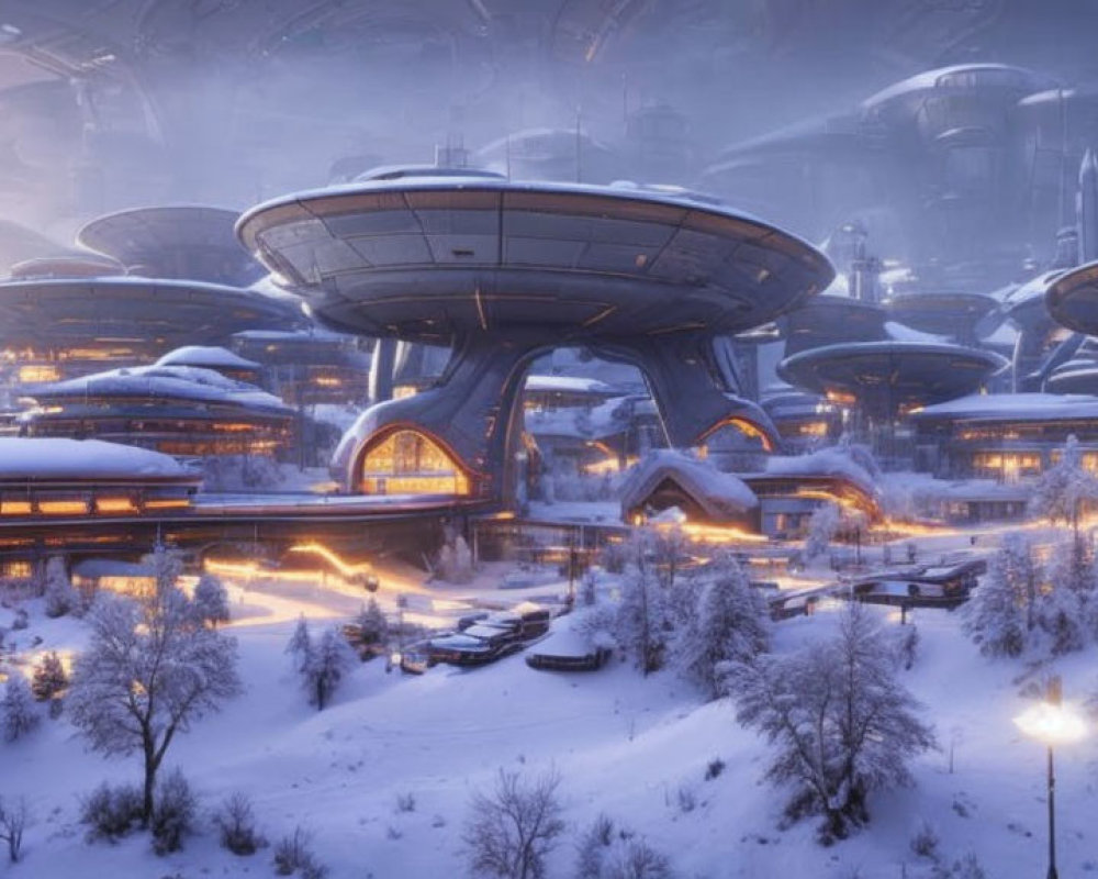 Snow-covered futuristic cityscape with circular architecture and skyscrapers.