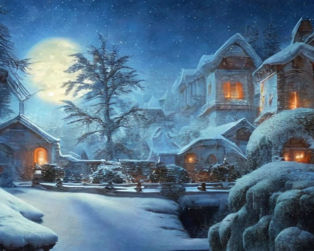 Snow-covered cottages under full moon and falling snowflakes