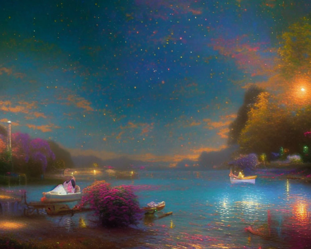 Tranquil night scene: river, boats, flowers, starry sky