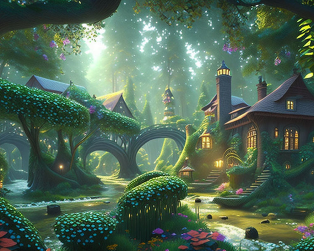 Magical forest with treehouses, bridges, river, and sunlight beams