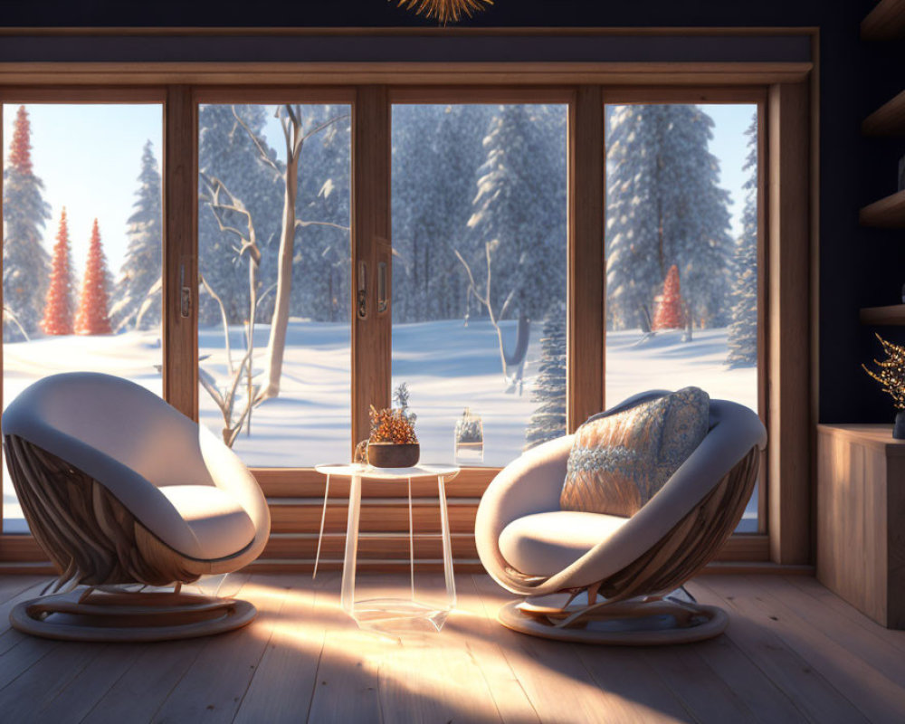 Modern chairs in cozy interior with snowy landscape view