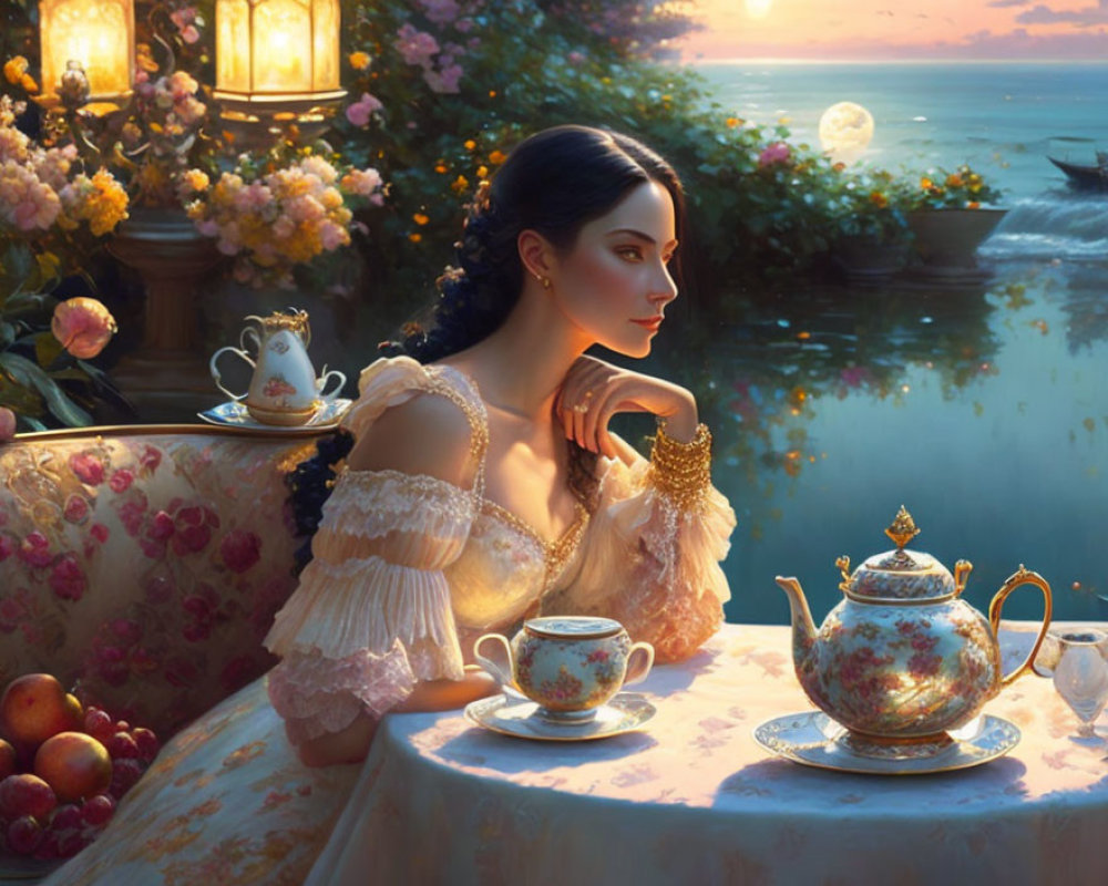 Woman sitting by ornate tea set with apples, twilight river, lanterns, and moonrise.