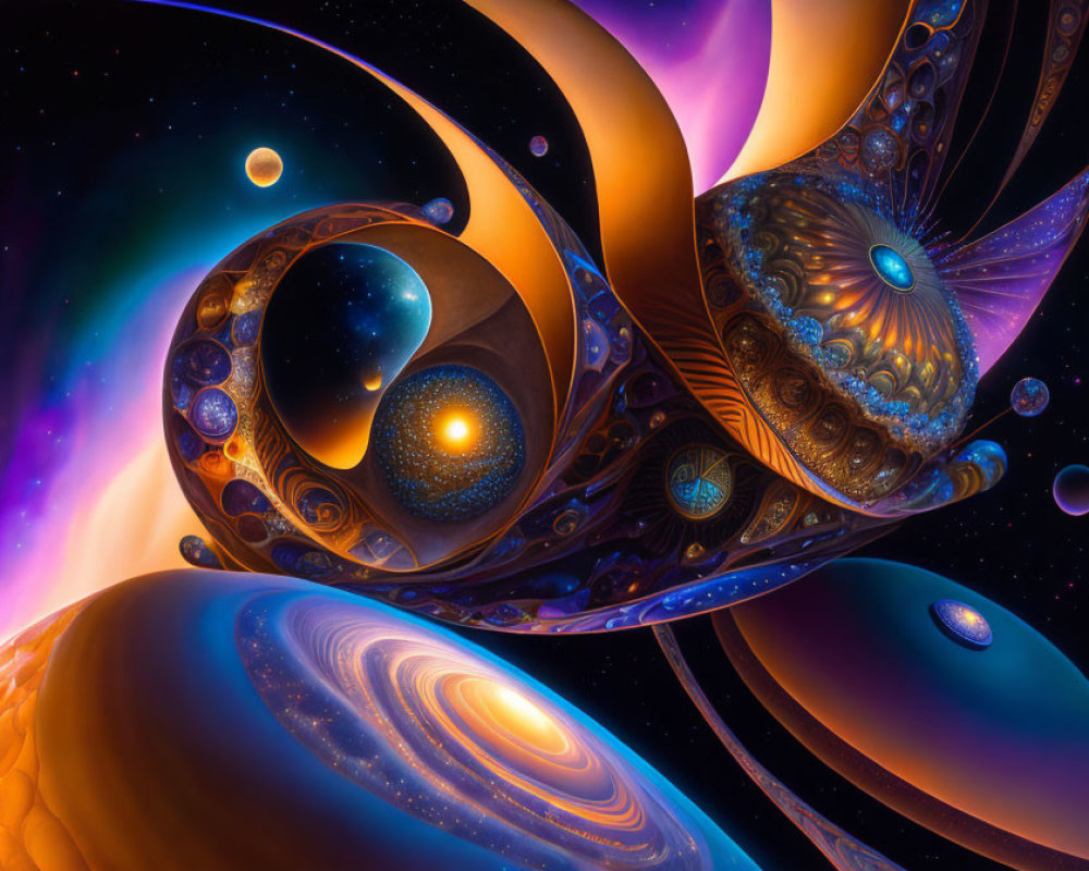 Colorful surreal cosmic digital artwork with swirling patterns and celestial bodies