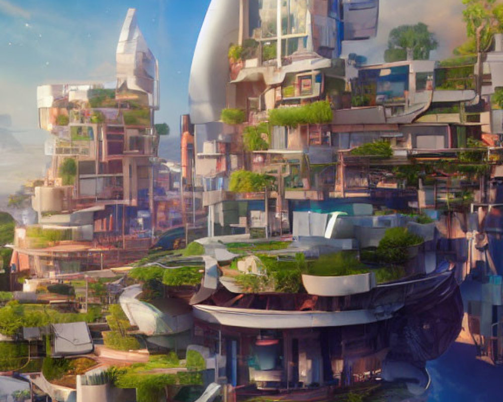 Futuristic cityscape with organic-shaped buildings and lush greenery reflected on water