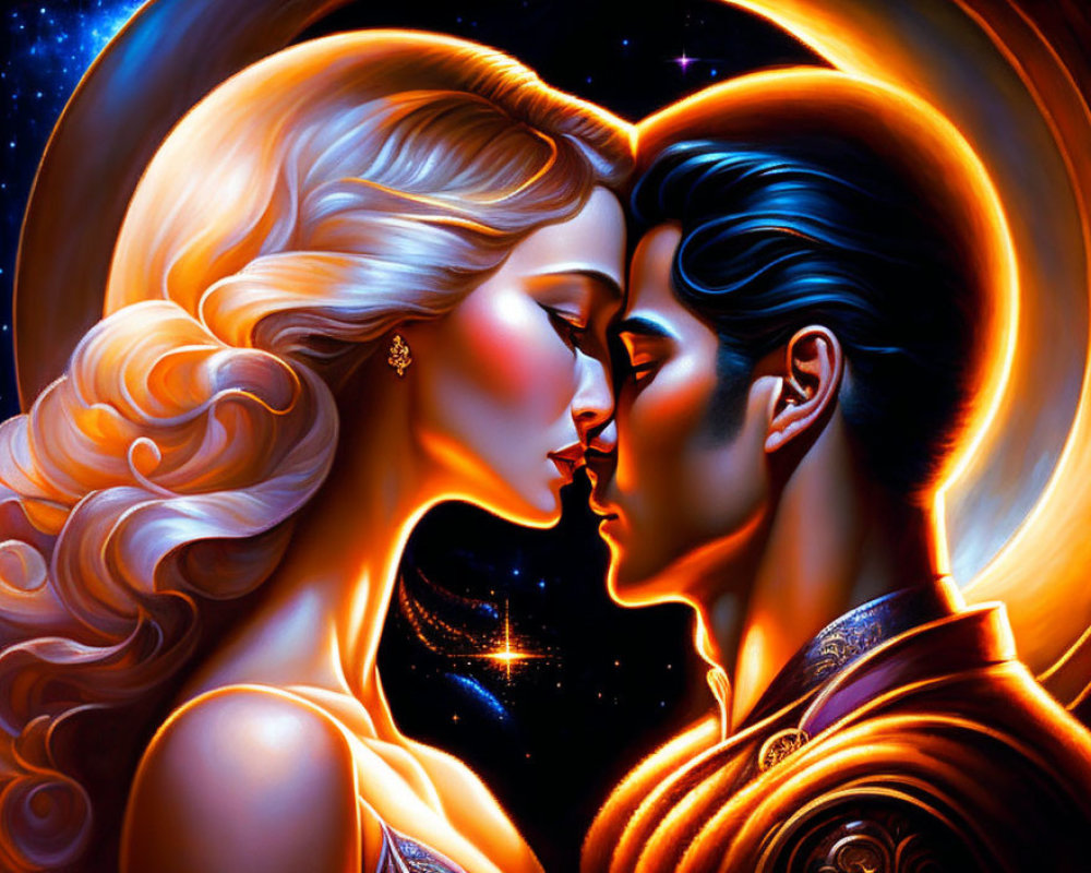 Celestial beings in cosmic embrace with heart shape.