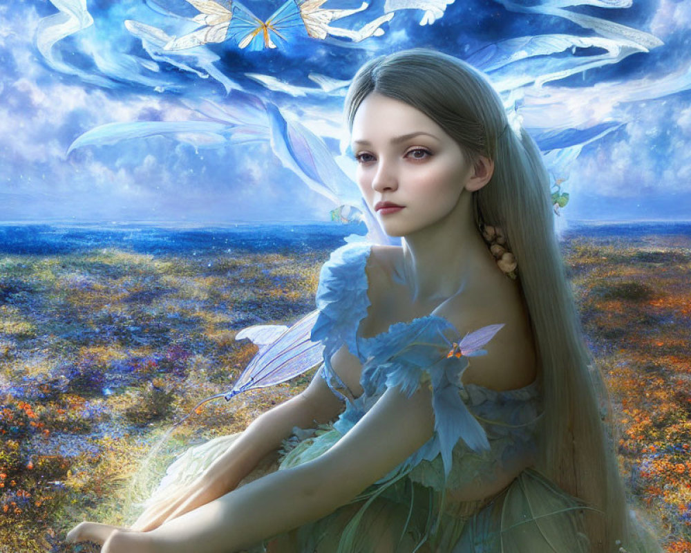 Female fairy with delicate wings in blue dress in flower field with whimsical creatures