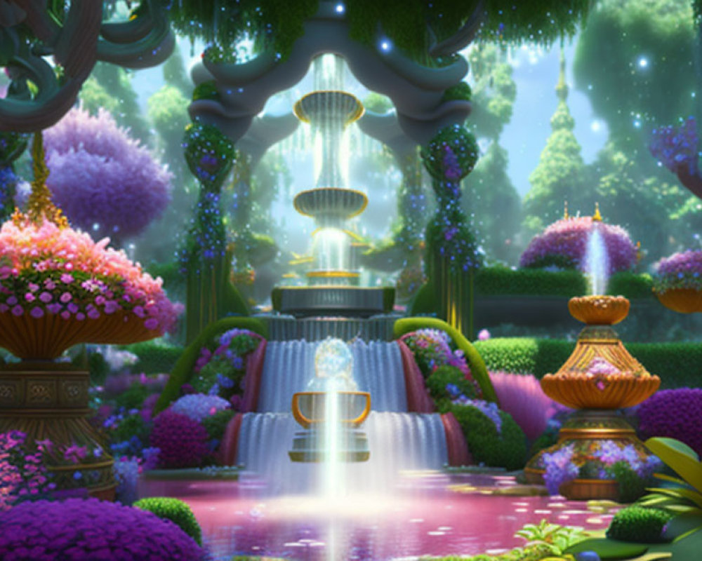 Fantasy garden with cascading fountain and luminous flowers