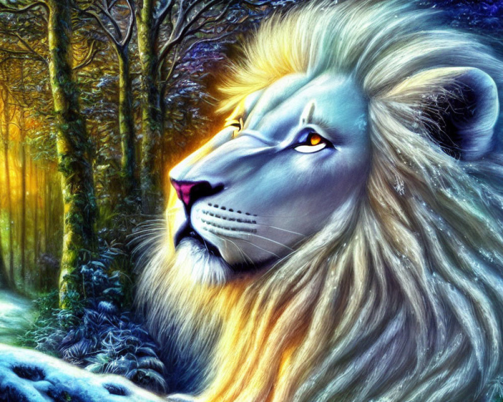 Majestic lion with glowing mane in snowy forest scene