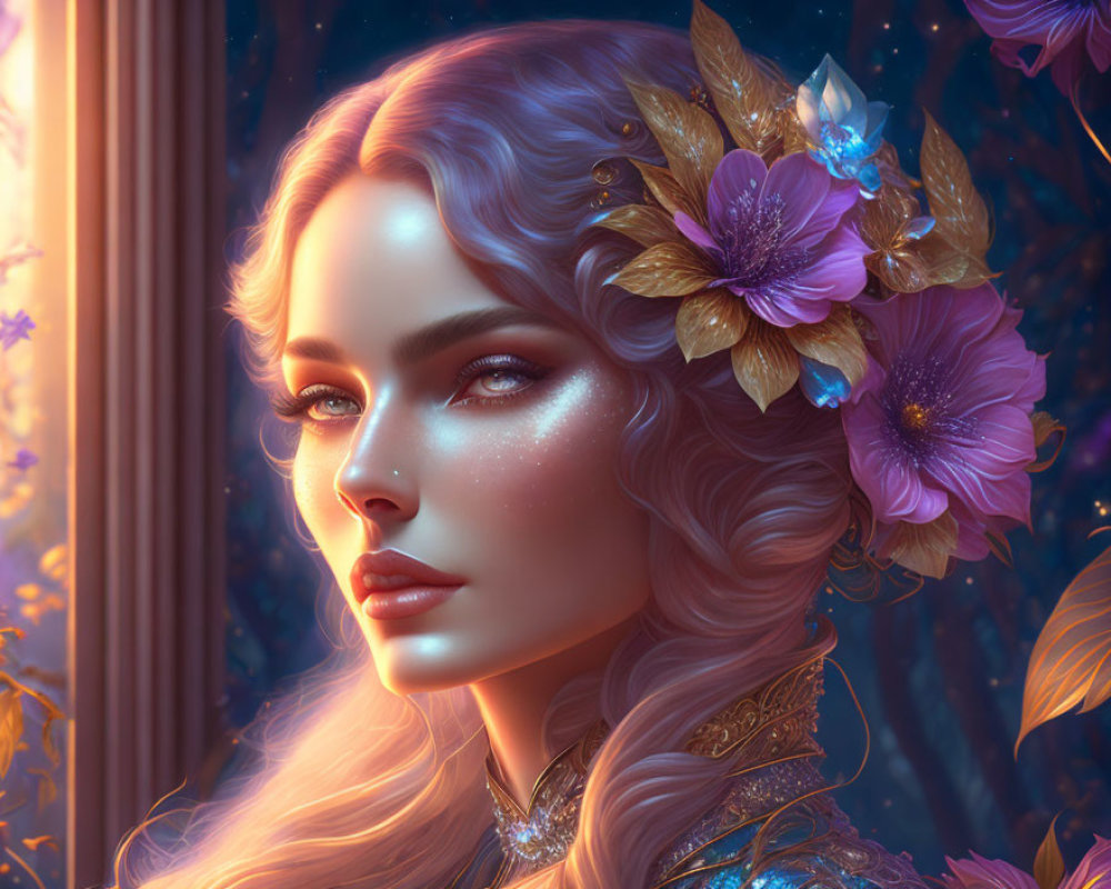 Ethereal woman with floral crown in twilight forest.