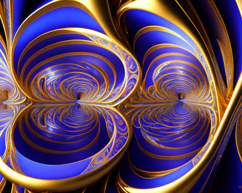 Symmetrical golden swirls on deep blue background - hypnotic fractal art