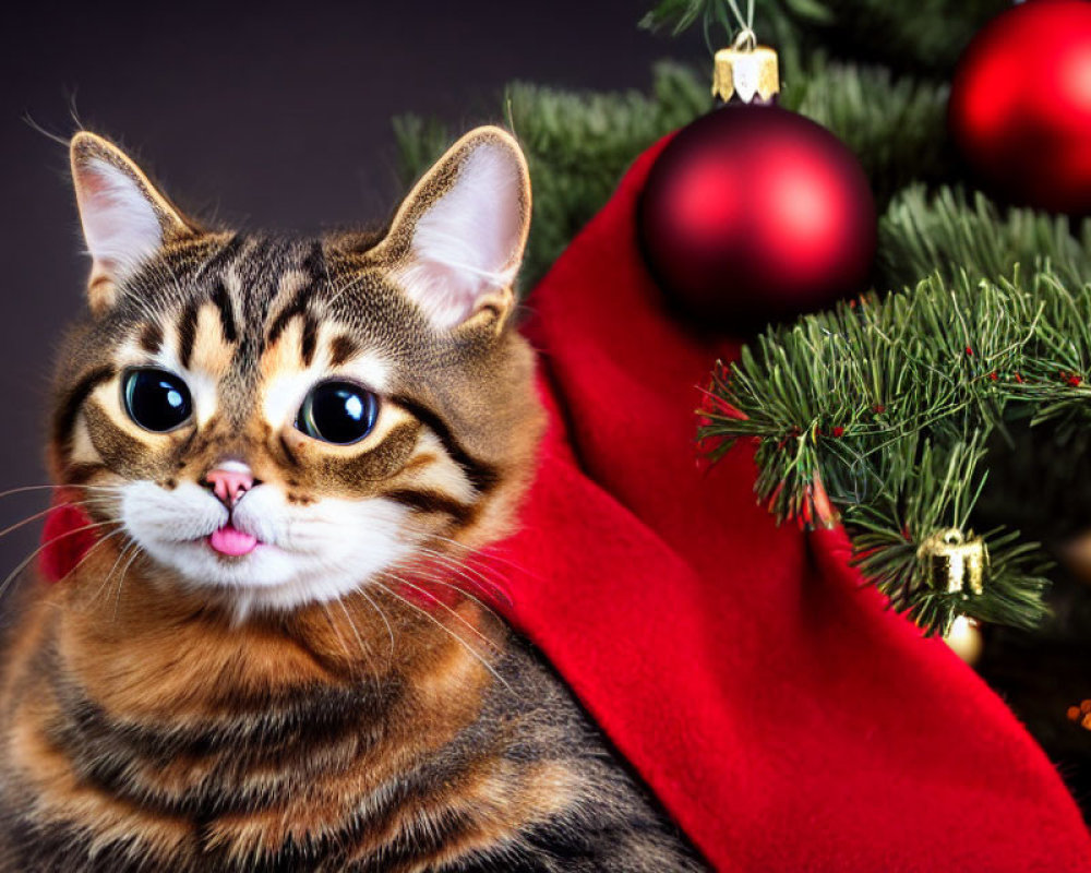 Tabby Cat Wrapped in Red Cloth with Christmas Tree Background