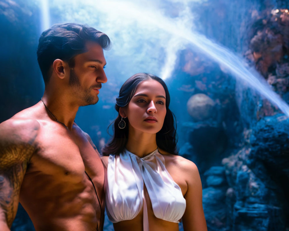 Man with tattoos and woman in white top in mystical blue-lit cavern