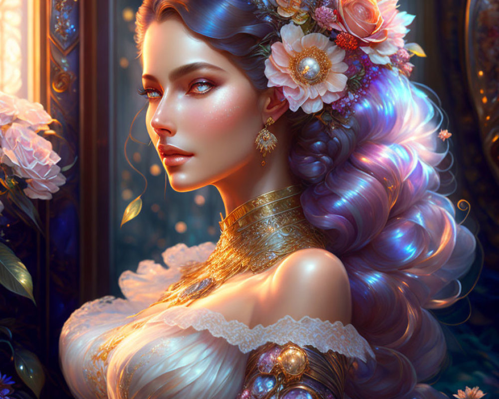 Digital illustration of woman with lavender hair and ornate attire in floral setting