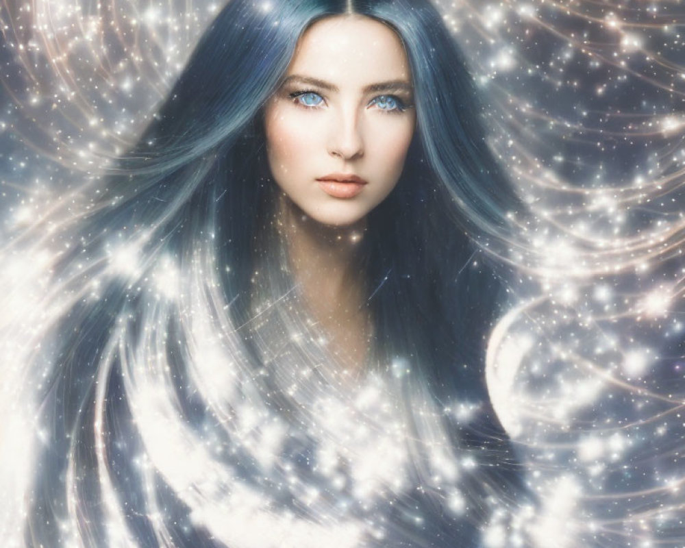 Blue-haired woman in cosmic galaxy setting