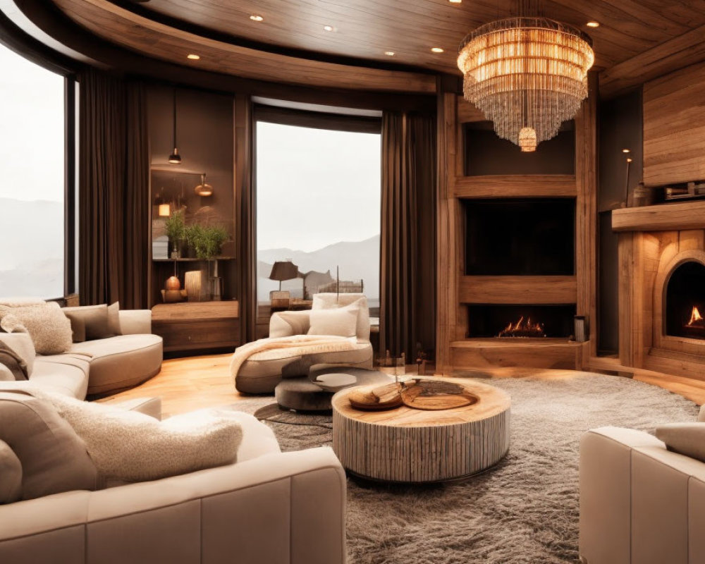 Modern fireplace, beige sofas, wooden accents, round coffee table, stylish chandelier, mountain view.