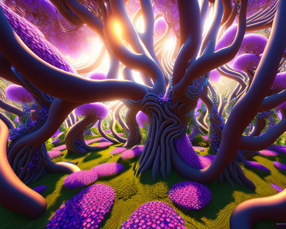Colorful alien landscape with twisted purple trees and pink foliage under a vibrant sky.
