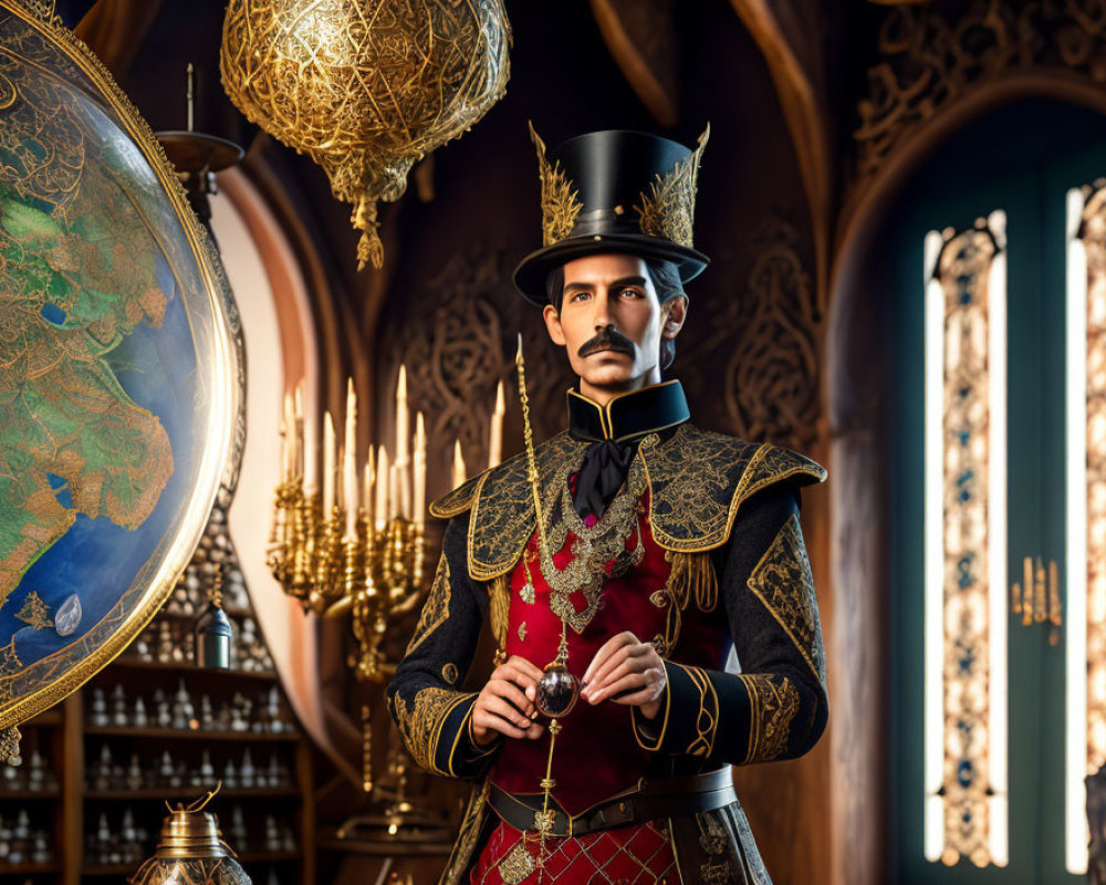 Dignified man in ornate uniform with top hat by large globe in Gothic room