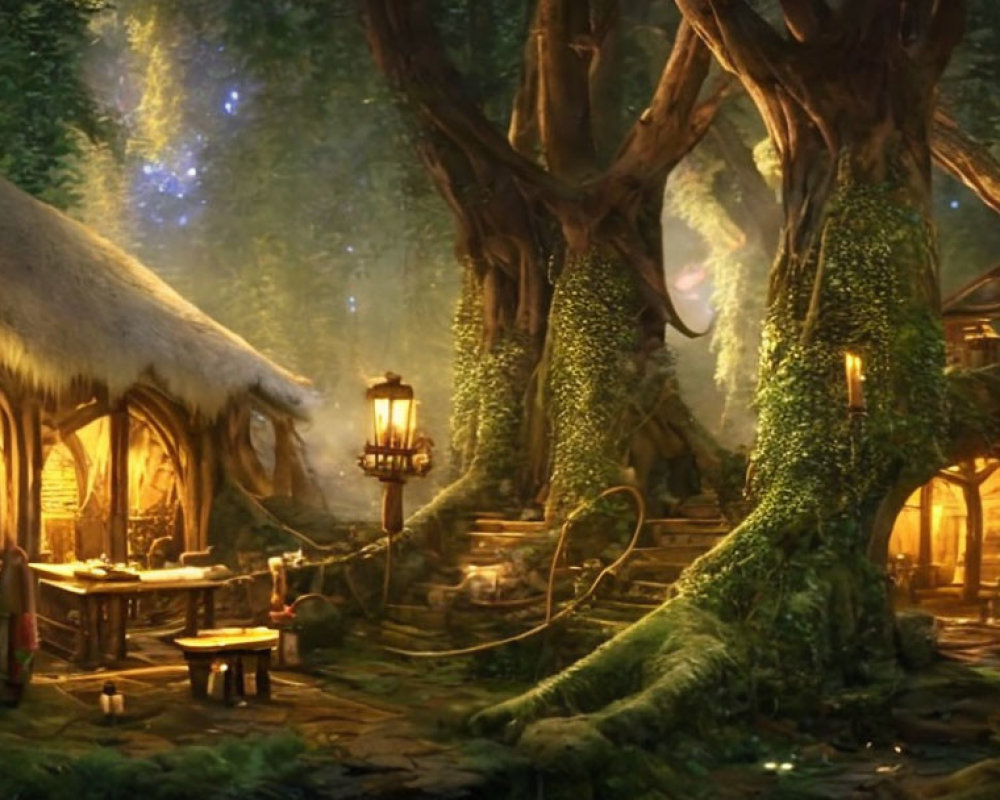 Mystical forest scene with towering trees, ivy-covered homes, and magical glow