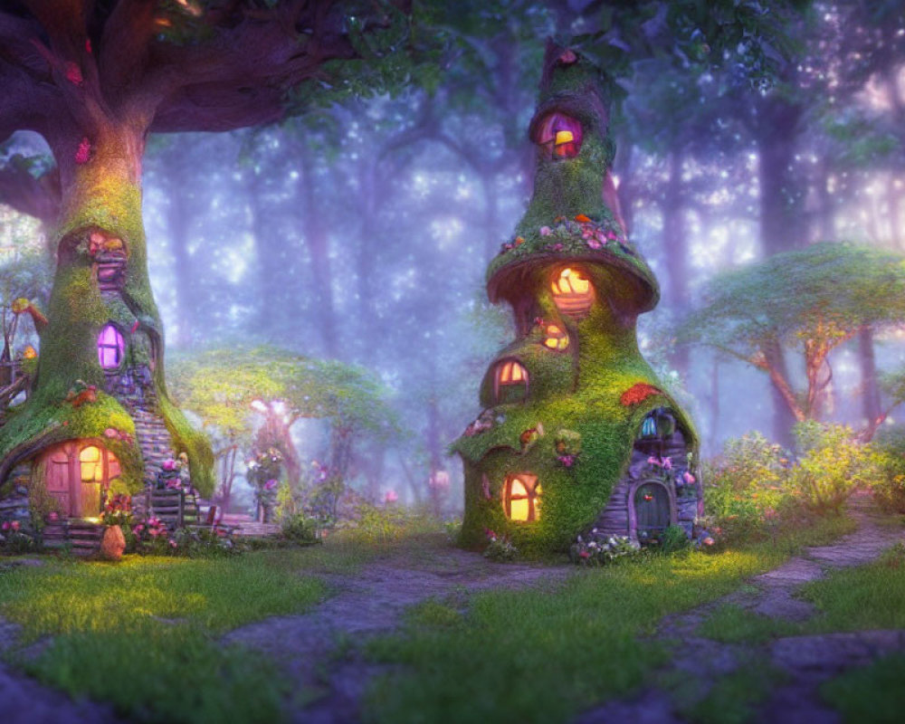 Whimsical treehouses in enchanted forest with moss and ivy