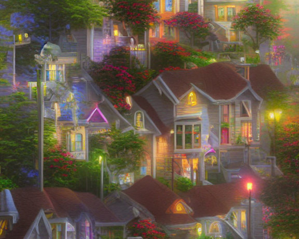 Charming village scene with colorful houses and warm lights