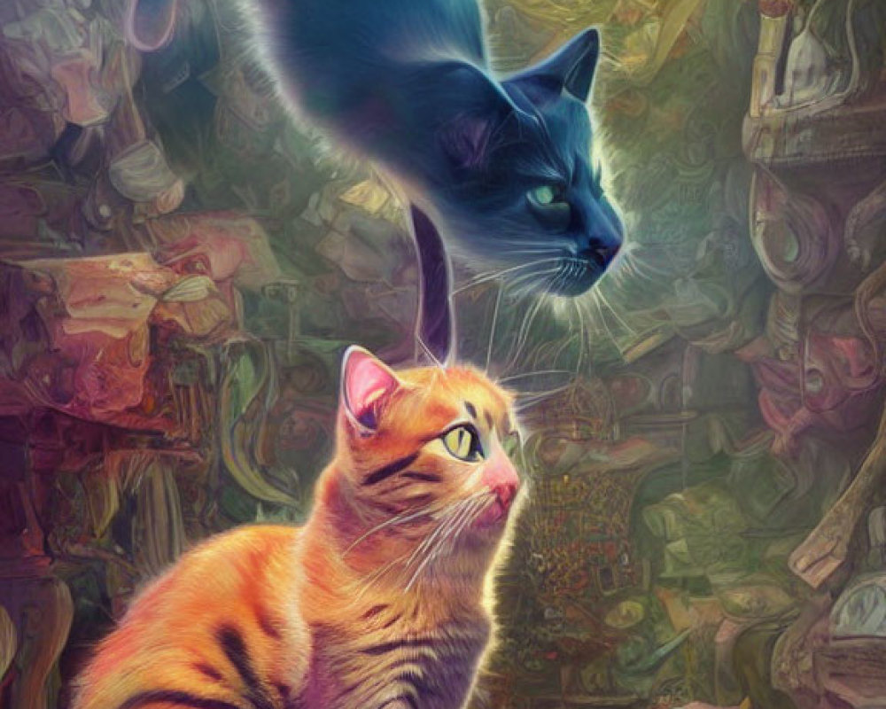 Ginger and blue cats in magical room with books and artifacts