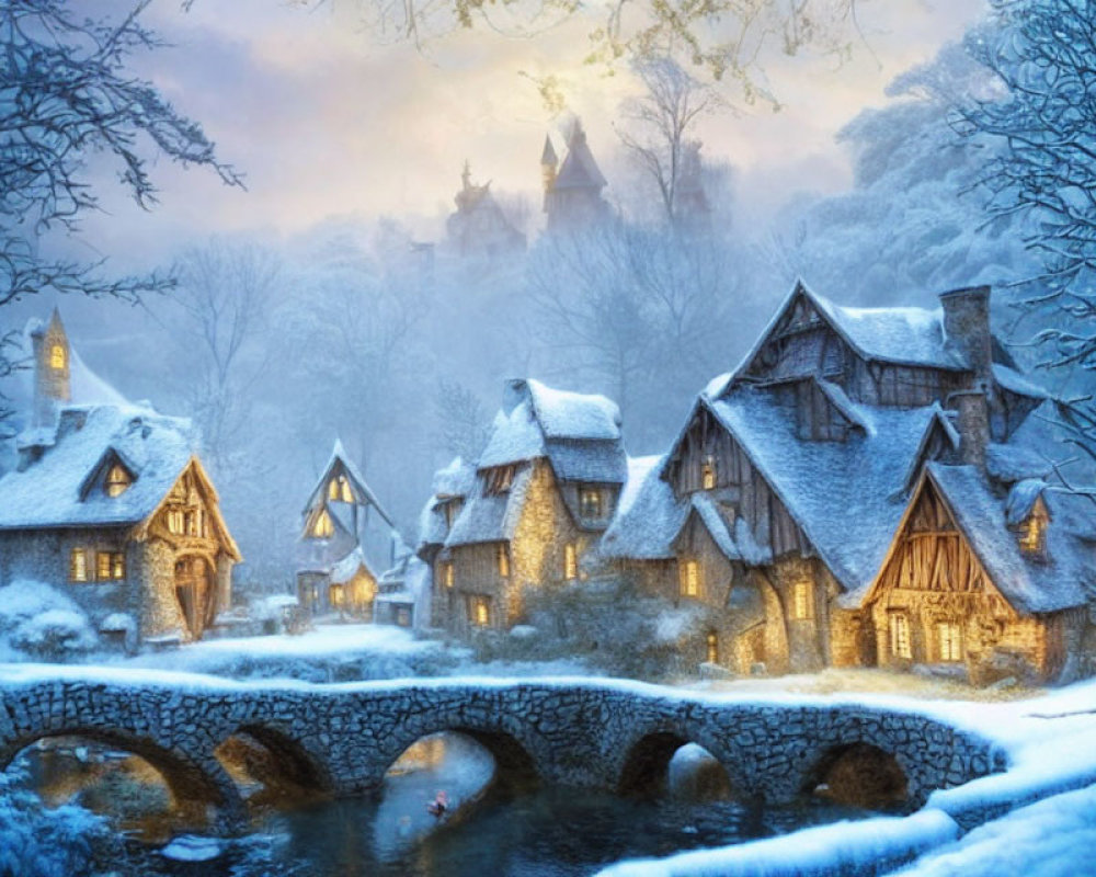 Snow-covered cottages and stone bridge in serene winter scene with glowing lights and distant castle.