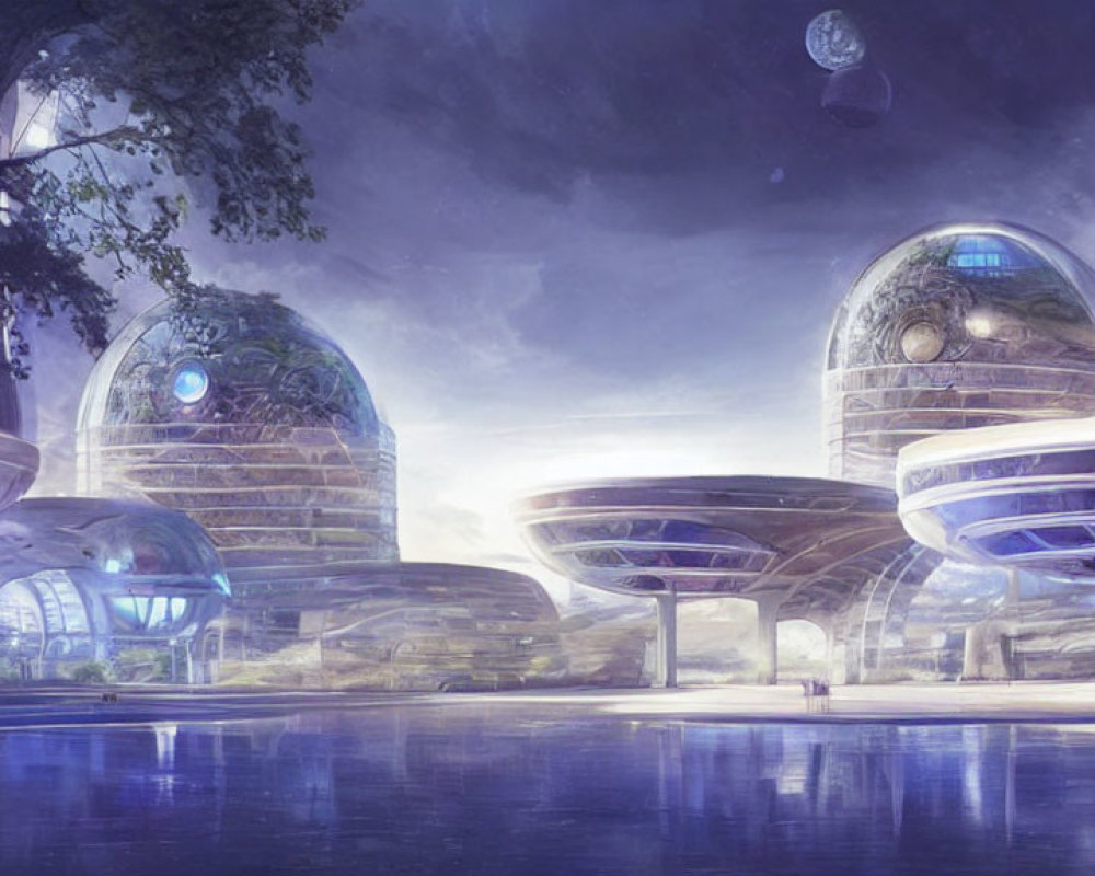 Futuristic cityscape with dome-like buildings by water and celestial sky