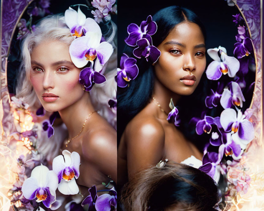 Two women with different skin tones surrounded by purple and white orchids in a portrait.