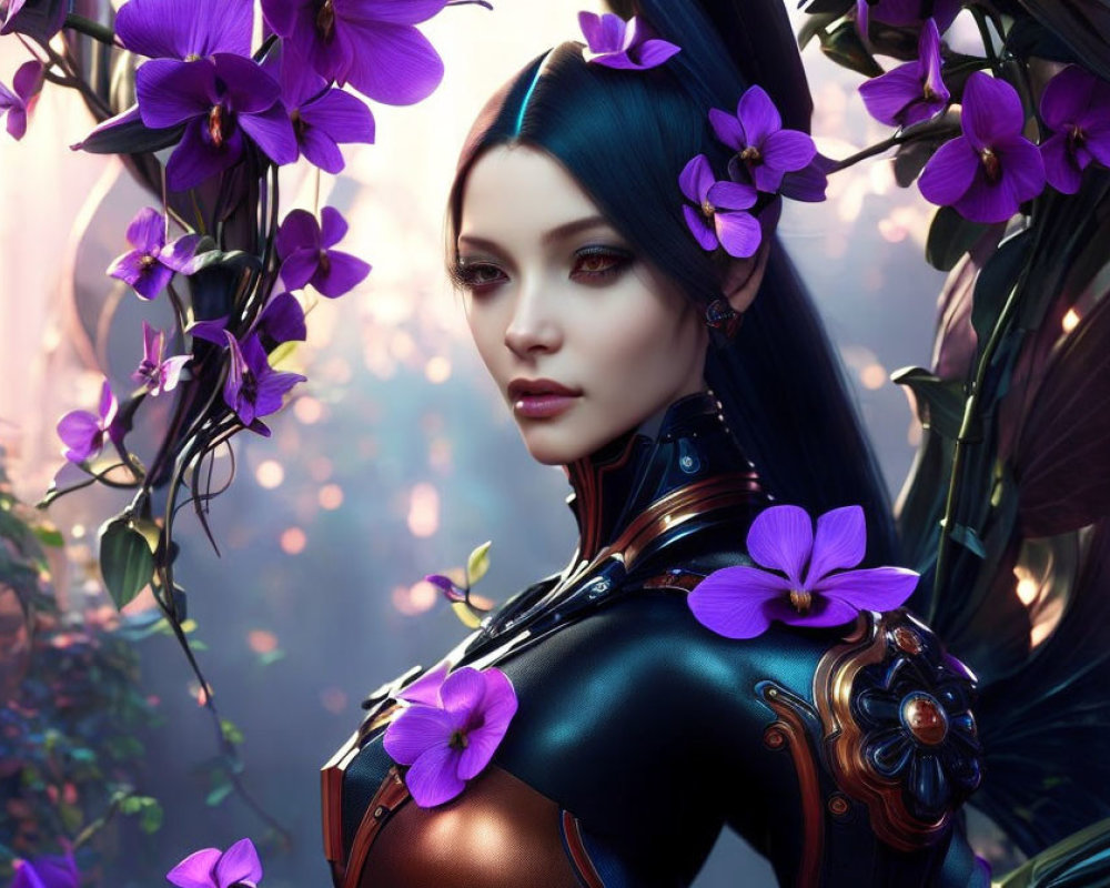 Digital artwork: Female figure with blue hair, adorned with purple flowers, in futuristic armor, against mystical