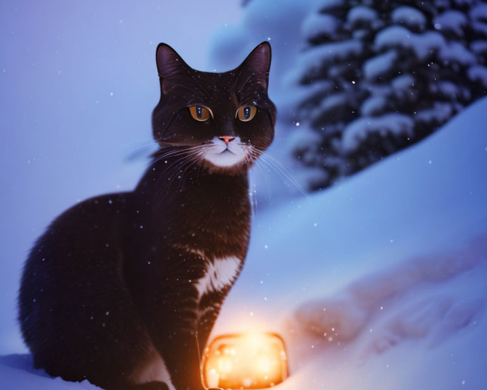 Black Cat with Striking Eyes in Snowy Twilight Landscape