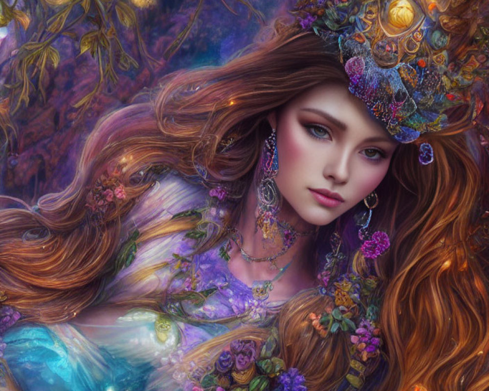 Fantastical image: Woman with flowing hair, jewels, and flowers in vibrant nature backdrop