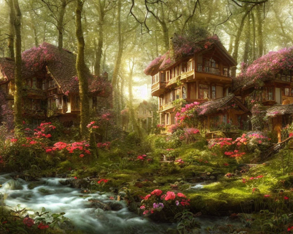 Tranquil forest scene with blooming flowers, babbling brook, and ivy-covered cott
