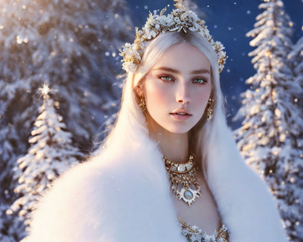 Fair-skinned woman in floral crown and fur cloak in snowy forest setting.