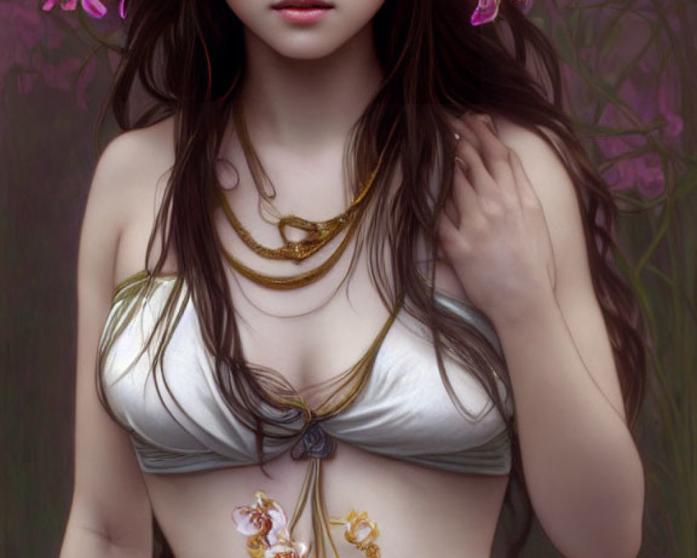 Digital artwork featuring woman with long hair, gold jewelry, pink flowers, floral background