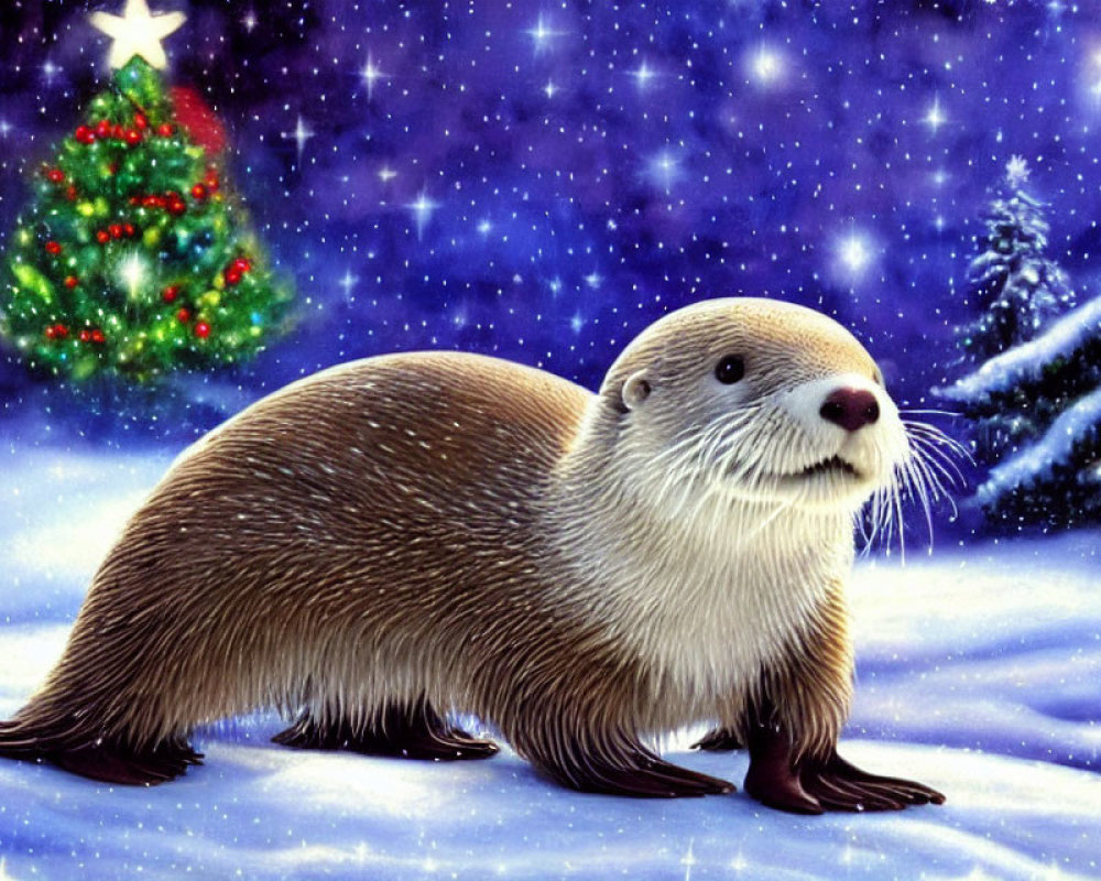 Otter in snowy Christmas scene with tree and snowflakes