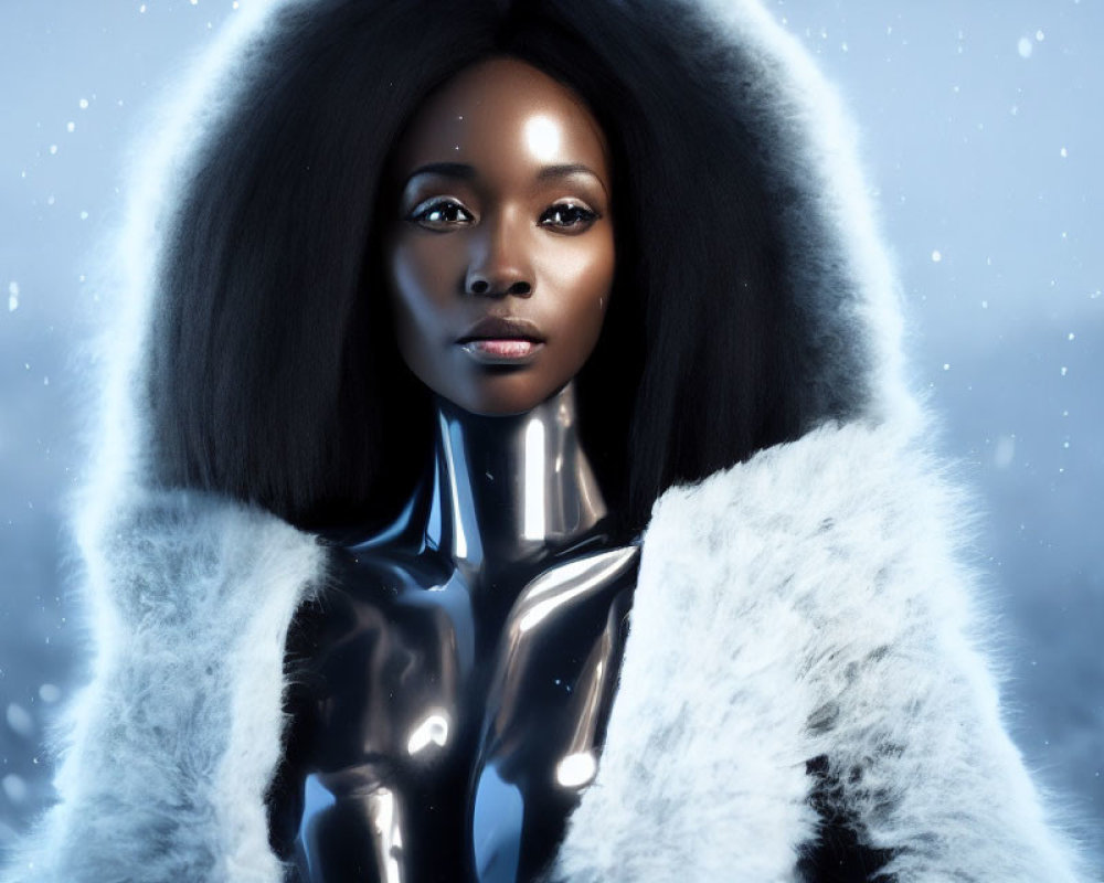 Dark-haired woman in futuristic suit & fur coat against snowy backdrop