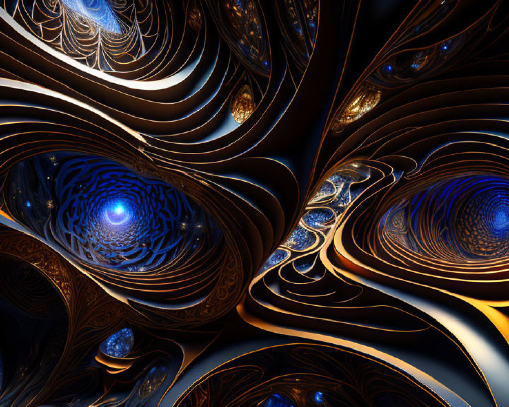 Blue and Gold Abstract Fractal Art: Swirling Patterns in a Visually Captivating Image