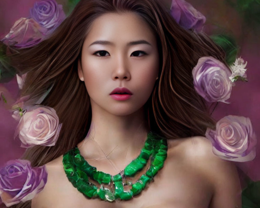 Woman with flowing hair and green necklace among purple roses