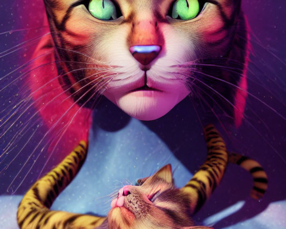 Digital Artwork: Two Cats with Green Eyes and Striped Fur on Purple Cosmic Background