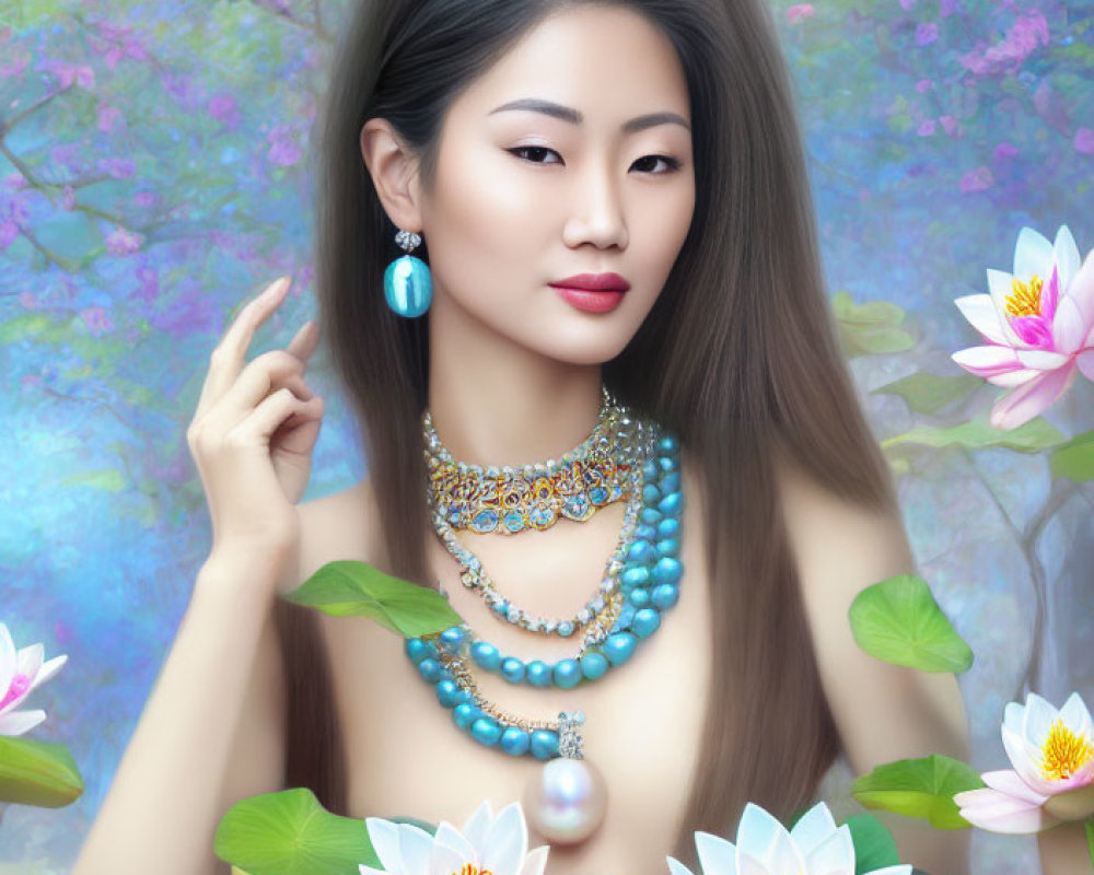 Dark-haired woman in turquoise jewelry among pink blooms and lotus flowers